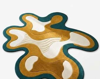 Modern Hand-Tufted Wool Rug - Abstract Fluid Shapes Area Rug - Teal & Gold Irregular Shaped Rug for Bedroom, Living Room - Unique Housewarmi