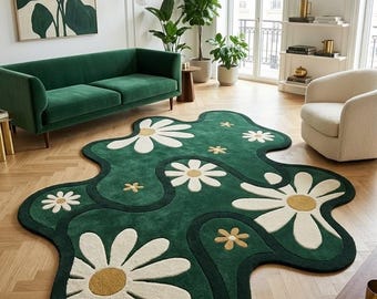 Alfombra de lana tejida a mano, alfombra irregular con flores verdes, alfombra floral estética 3D para dormitorio, alfombra moderna bohemia con margaritas, decoración original.