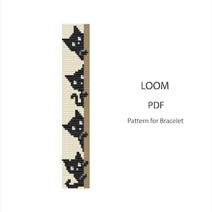 May include: A digital loom pattern for a bracelet featuring a repeating design of black cats on a cream background. The text LOOM PDF Pattern for Bracelet is displayed to the right of the vertical graphic, which shows four distinct cat figures.
