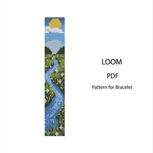 May include: A digital loom pattern for a bracelet featuring a pixelated landscape with a winding blue river, green hills, white flowers, and a yellow sun in a blue sky. The text LOOM PDF Pattern for Bracelet is displayed to the right of the design.