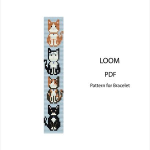 May include: A digital loom pattern for a bracelet featuring a vertical column of four pixel-art cats in orange, black and white, calico, and black and white colorways against a light blue background, with the text LOOM PDF Pattern for Bracelet.