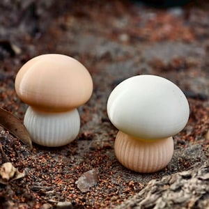 May include: Two decorative mushroom figurines. One has a light peach cap and a white stem, the other has a white cap and a peach stem. The mushrooms are set on a bed of brown mulch and bark.