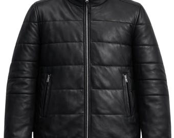 Handmade Men's Vintage Bomber Classic Biker Leather Puffer Jacket