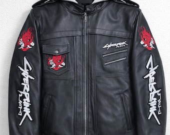 David Martinez Cyberpunk 2077 kostuum zwart leren jack met capuchon