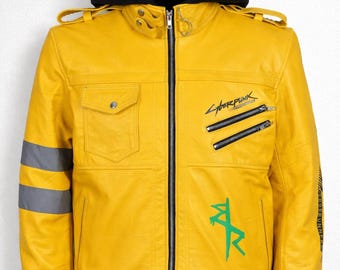 Cyberpunk 2077 Edgerunners geel leren jack met capuchon | David Martinez-cosplaykostuum