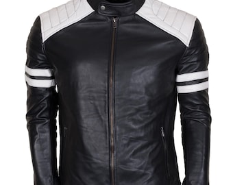 Handmade Vintage Striped Brad Pitt Mayhem Fight Club Biker Black Leather Jacket