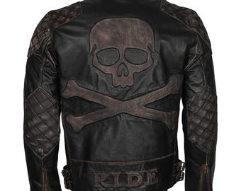 Handmade Distressed Leather Vintage Biker Embossed Skull Rider Mens Motorcycle Jacket