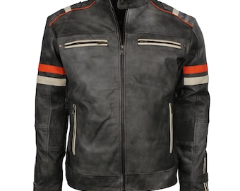Handgemaakte vintage vintage biker noodlijdende retro cafe racer leren herenjas
