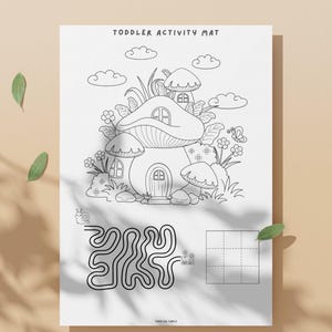 May include: A black and white toddler activity mat with a mushroom house illustration, clouds, and a maze. The mat also features a grid for drawing and the text "TODDLER ACTIVITY MAT".
