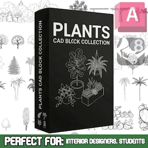 May include: A black box with the title "PLANTS CAD BLOCK COLLECTION" in white lettering. The box features line drawings of various potted plants. The text "PERFECT FOR: INTERIOR DESIGNERS, STUDENTS" is at the bottom.