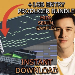 May include: A promotional image for a music producer bundle. The image features a man, music software interfaces, and text that reads "+1GB Entry Producer Bundle", "MIDI, Serum, Samples", and "Instant Download". A red arrow points towards the software.