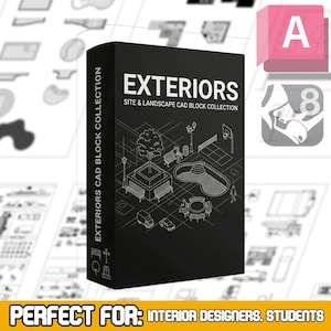 May include: A black box featuring the text "EXTERIORS SITE & LANDSCAPE CAD BLOCK COLLECTION" and a park diagram. The side reads "EXTERIORS CAD BLOCK COLLECTION". The bottom text says "PERFECT FOR: INTERIOR DESIGNERS, STUDENTS".