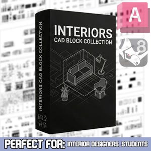 以下が含まれることがあります： 「INTERIORS CAD BLOCK COLLECTION」の文字と家具の線画が描かれた黒い箱。箱には「PERFECT FOR: INTERIOR DESIGNERS, STUDENTS」の文字も含まれています。