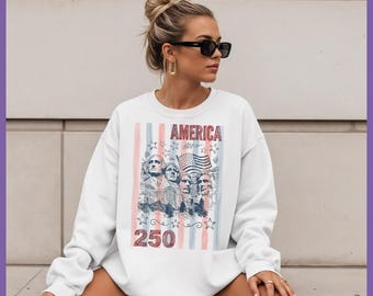 America 250 Coquette randig tröja, Mount Rushmore 4 juli-tröja, USA 250-årsjubileumstopp, patriotisk rund halsringning, 250-årsjubileum