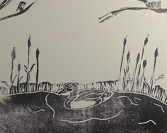 Afternoon at the Pond (Mallard, Great Blue Heron, Red-winged Blackbird, Downy Woodpecker, Black-Capped Chickadee) 6.5' x 11' unframed