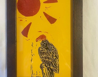 4x6 Turkey Vulture Linocut Print, Customizable Colors