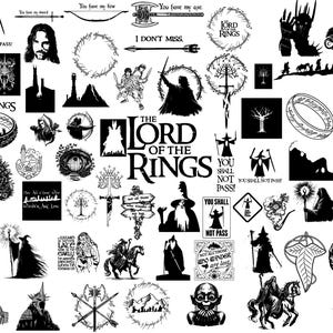 Op de afbeelding: Een verzameling zwart-wit illustraties en silhouetten geïnspireerd door "The Lord of the Rings". De afbeeldingen bevatten personages, symbolen, citaten en scènes uit de fantasyserie, zoals de Ene Ring en Gandalf.