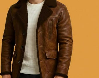 Herren Brown Shearling Lederjacke Pelz Winter Warmer Schaffellmantel Vintage Style