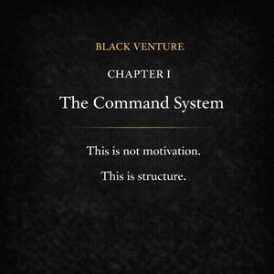 May include: A dark background with the text "BLACK VENTURE" at the top, followed by "CHAPTER I" and "The Command System." Below, it reads "This is not motivation. This is structure."