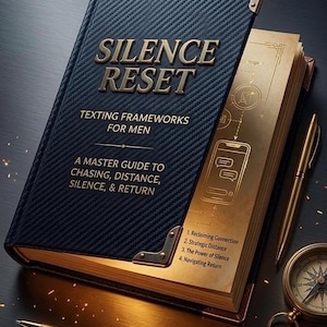 May include: A dark blue book titled SILENCE RESET TEXTING FRAMEWORKS FOR MEN A MASTER GUIDE TO CHASING, DISTANCE, SILENCE, & RETURN with gold metal corner accents. The open page displays a smartphone icon, diagrams, and a list of four chapters.