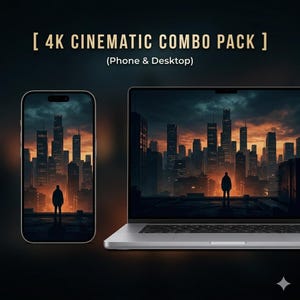 May include: A smartphone and laptop display a cinematic cityscape with a person silhouetted against a fiery sunset. The text reads "[ 4K CINEMATIC COMBO PACK ] (Phone & Desktop)". The image showcases a digital art theme.