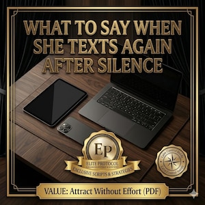 May include: A digital product cover titled WHAT TO SAY WHEN SHE TEXTS AGAIN AFTER SILENCE featuring a laptop, tablet, and smartphone on a wood desk. Includes an Elite Protocol gold emblem, a compass icon, and a banner stating VALUE: Attract Without Effort (PDF).