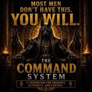 May include: An illustration featuring a black Anubis-like figure seated on a throne, with text that reads "MOST MEN DON'T HAVE THIS. YOU WILL. THE COMMAND SYSTEM." The image has a dark, golden color scheme with Egyptian-inspired design elements and symbols.
