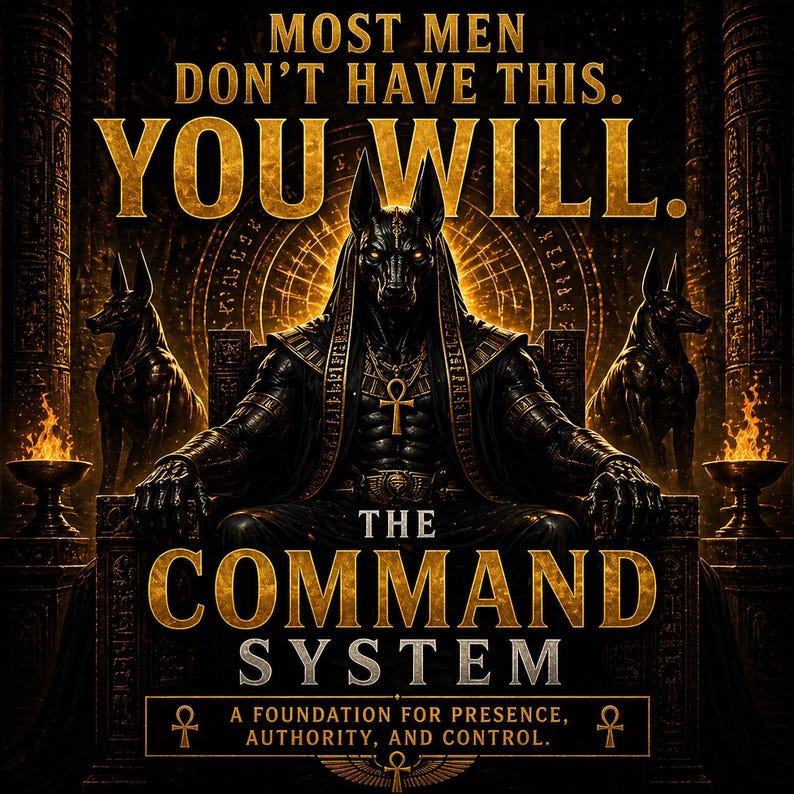 May include: An illustration featuring a black Anubis-like figure seated on a throne, with text that reads "MOST MEN DON'T HAVE THIS. YOU WILL. THE COMMAND SYSTEM." The image has a dark, golden color scheme with Egyptian-inspired design elements and symbols.