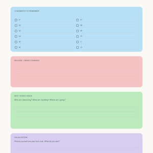 Puede incluir: Una página de The Quest Planner titulada Annual Review Next Chapter. Incluye una sección azul claro para 12 Moments to Remember, una sección rosa para Release and Bring Forward, una sección verde para Next Year's Vision y una sección morada para Visualization.