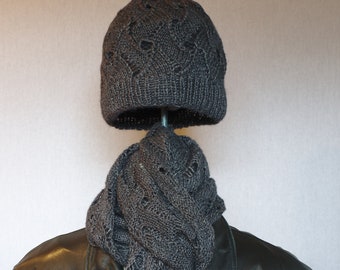 MENS HAT & SCARF set in Heather Charcoal Gray; warm, stylish beanie hat, with matching scarf for winter;  hand knitted fine cashmere yarn