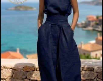 Elegant Navy Blue Linen Jumpsuit for Women, High Neck Wide Leg Summer Romper