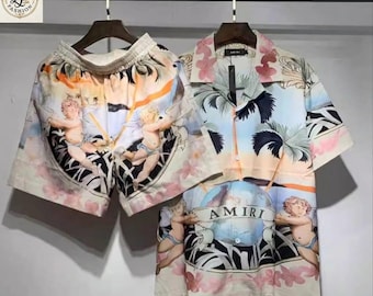 Amiri Style Cotton Matching Set Handmade Resort Casual Unisex Summer Wear