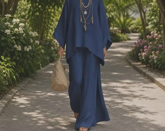 Women Two Piece Lounge Set Oversized Kaftan Top Wide Leg Pants Boho Handmade Outfit