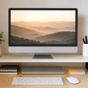 May include: A white monitor stand with black metal legs supporting a computer monitor displaying a mountain landscape. The stand features three circular icons with the text DESIGN MODERNO, STRUTTURA RESISTENTE, and SPAZIO EXTRA on the right side.