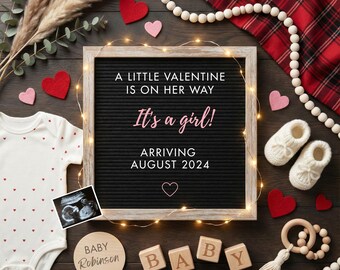 May include: A pregnancy announcement with a black letter board framed in light wood, announcing "It's a girl!" arriving August 2024. The announcement is surrounded by baby items, hearts, and a sonogram.