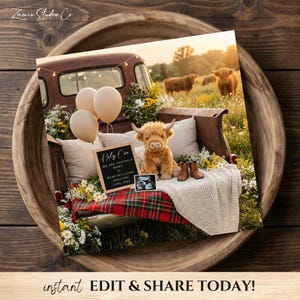 May include: A pregnancy announcement card featuring a rustic truck bed scene. The card includes a plush Highland cow, baby boots, and a sign that reads "Holy Cow, We are having a baby!" with the baby's name and due date. Balloons and flowers add to the festive theme.