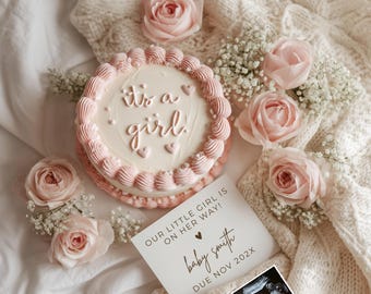 It’s a Girl Pregnancy Announcement | Pink Cake Baby Reveal | Editable Digital Gender Reveal Template
