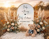 Fall Boho Pregnancy Announcement, Autumn Baby Reveal, Rustic Gender-Neutral Mirror Pumpkin Social Media Template