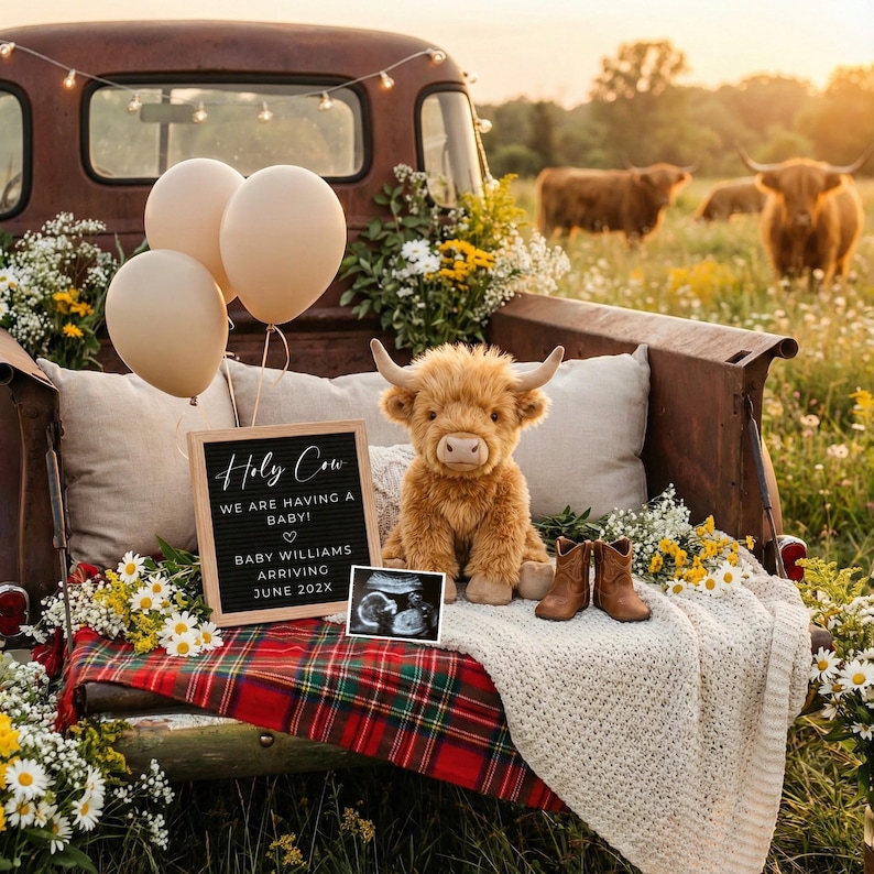 May include: A rustic pickup truck bed is decorated for a baby announcement. It features a plush Highland cow, small cowboy boots, a sign that reads "Holy Cow We Are Having a Baby!" and a sonogram image. Balloons and flowers complete the scene.