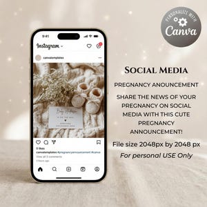 May include: A smartphone displays a social media post announcing a pregnancy. The post includes baby booties, a card with the text "Baby Anderson is on the way," and the text "Arriving December 203X."