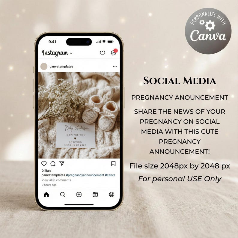 May include: A smartphone displays a social media post announcing a pregnancy. The post includes baby booties, a card with the text "Baby Anderson is on the way," and the text "Arriving December 203X."