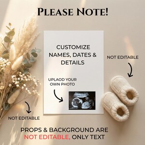 May include: A white card with the text "PLEASE NOTE!" and "CUSTOMIZE NAMES, DATES & DETAILS." It includes a sonogram image and a pair of cream-colored baby booties. The text "UPLOAD YOUR OWN PHOTO" is also visible.