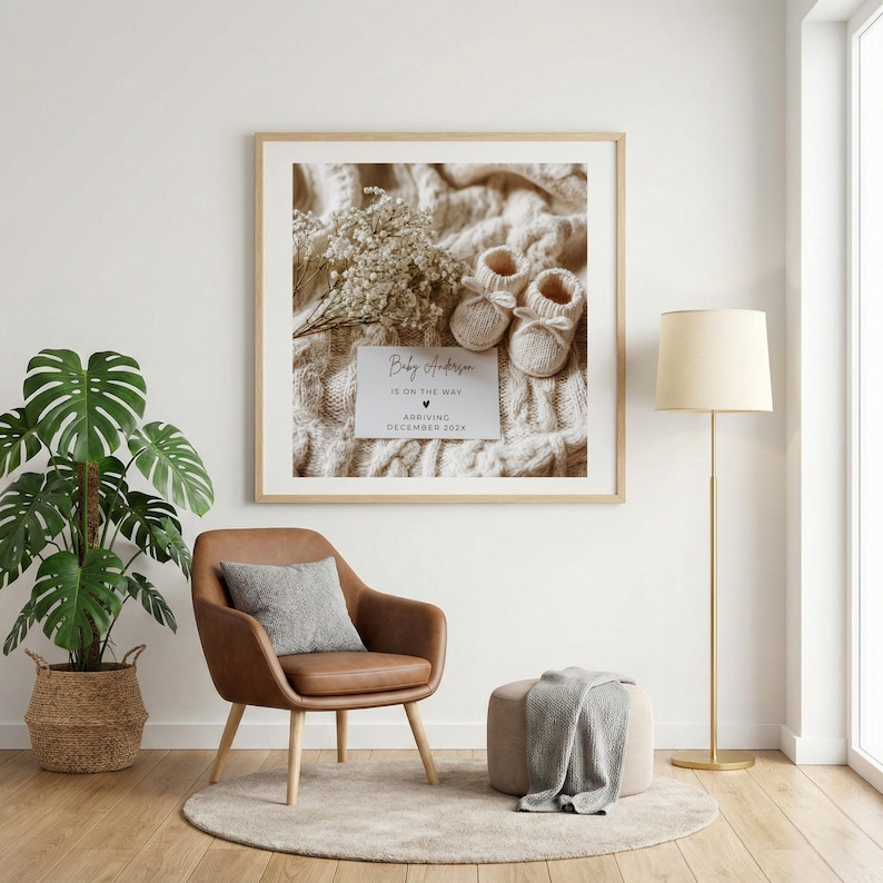 May include: A framed print featuring baby booties, flowers, and a card that reads "Baby Anderson is on the way, arriving December 2024." The image is set against a neutral-toned background, suggesting a pregnancy announcement.