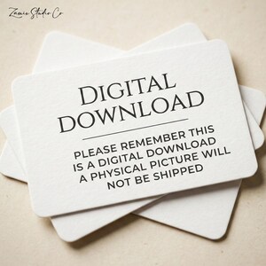 May include: White rectangular cards with rounded corners are stacked, displaying the text "DIGITAL DOWNLOAD." Below, the text clarifies that it is a digital download and no physical picture will be shipped. The Zamir Studio Co logo is in the top left corner.