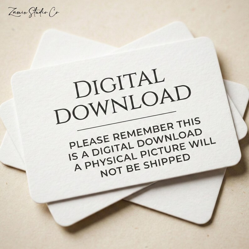 May include: White rectangular cards with rounded corners are stacked, displaying the text "DIGITAL DOWNLOAD." Below, the text clarifies that it is a digital download and no physical picture will be shipped. The Zamir Studio Co logo is in the top left corner.