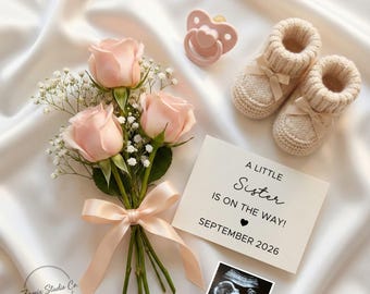 Kleine Schwester Reveal Babymitteilung, Es ist eine Mädchen-Rosa-Blumen-Schwangerschafts-Enthüllung, bearbeitbare Canva Digitale Vorlage