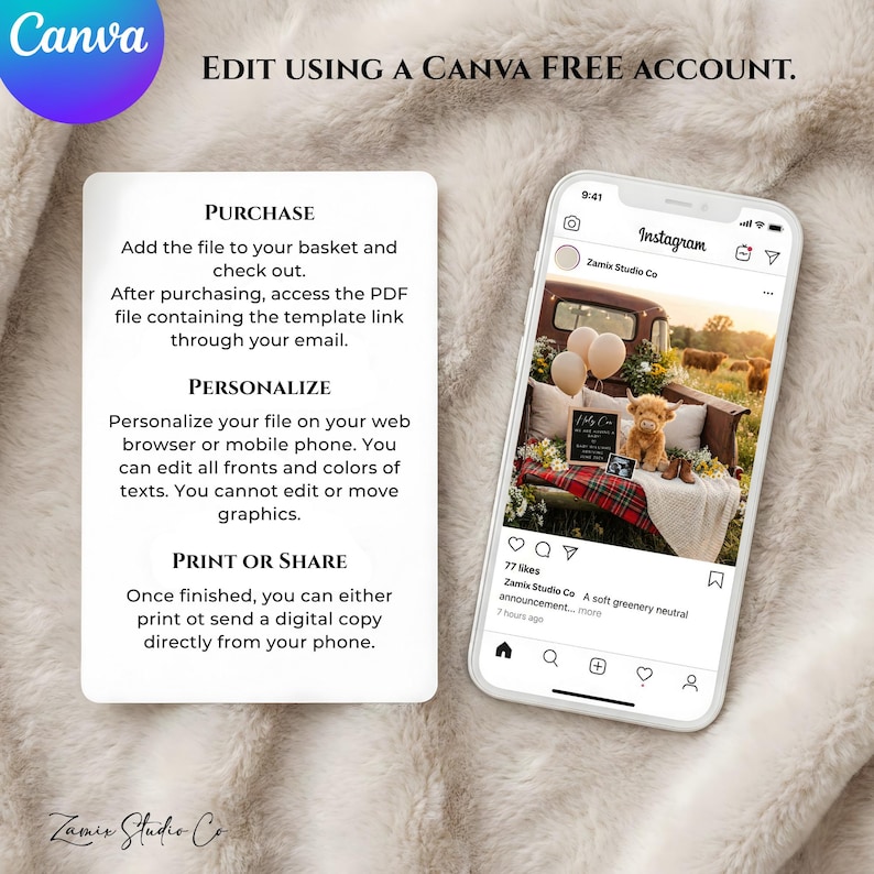 May include: A smartphone displays an Instagram post with a baby announcement. The image shows a vintage truck bed decorated with balloons, a stuffed animal, and a sign. A white card with instructions for purchase, personalization, and printing is on the left.