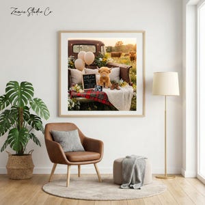 May include: A framed photograph featuring a vintage truck bed decorated for a baby announcement. The bed is filled with pillows, a plush Highland cow, balloons, and a sign that reads "Hello Baby". A sonogram image and flowers are also present.