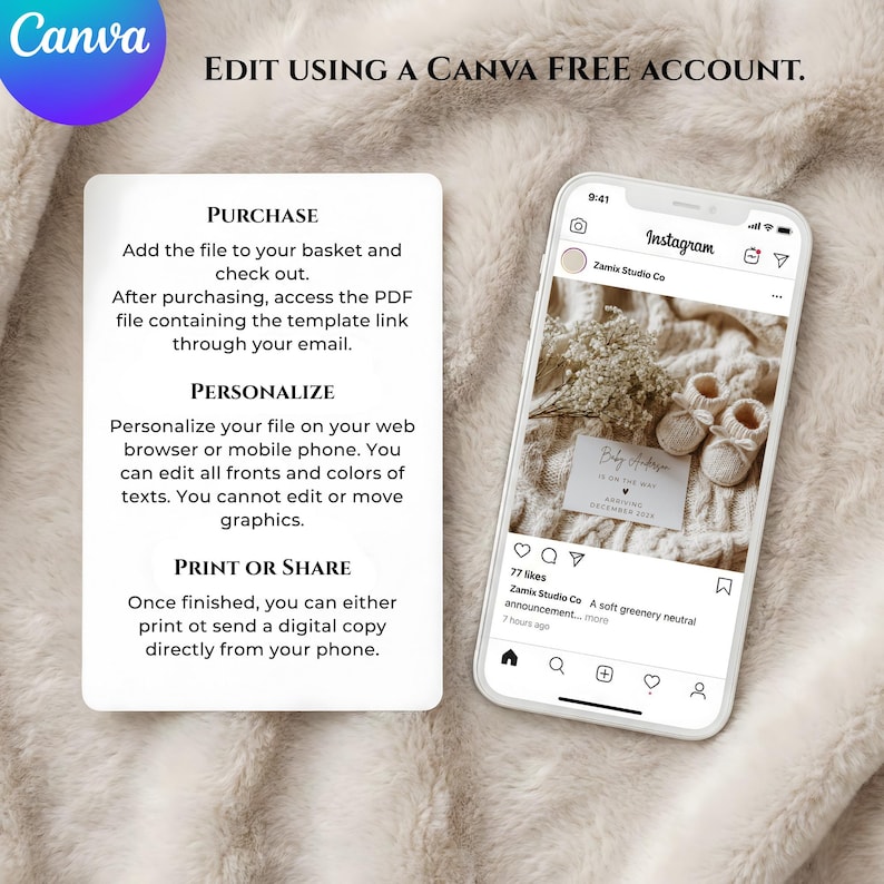 May include: A smartphone displays an Instagram post with a baby announcement. The image includes baby booties and a card. Text on the left explains how to purchase, personalize, and print or share the template. The Canva logo is in the upper left.