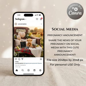 May include: A smartphone displays a social media post announcing a pregnancy. The post features a plush Highland cow, balloons, and a sign. Text on the screen reads "Social Media Pregnancy Announcement" and "Share the news of your pregnancy on social media."